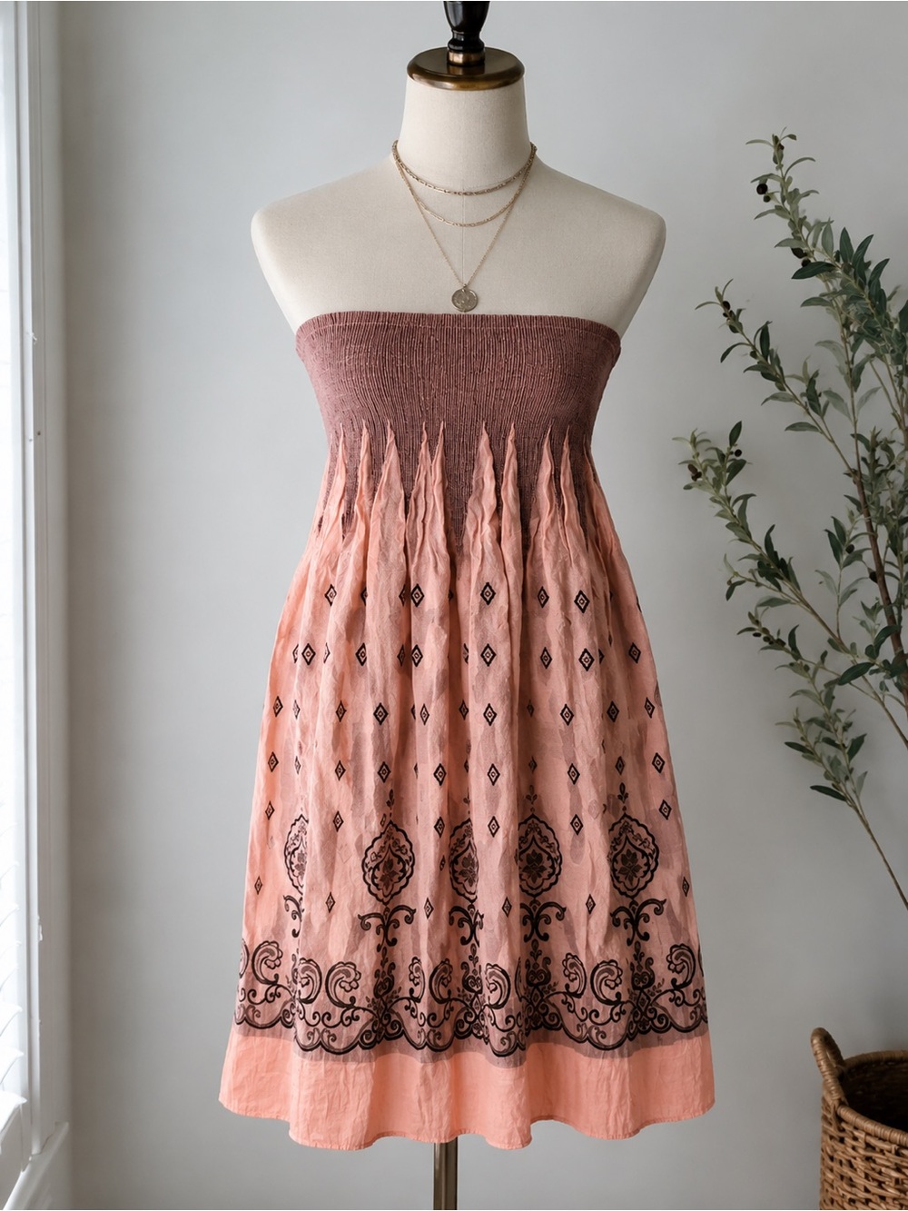 Lapis Pink Boho Strapless Smocked Dress One Size